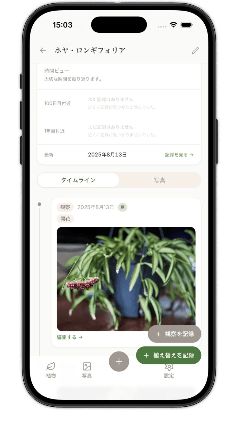 HACHIROKU の植物詳細画面。タイムラインに沿って記録した写真が並んでいる。